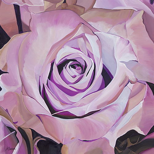 Painting from above of a pink rose by Neena Buxani