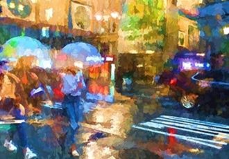 Digital image of a NYC street scene at night by Sheila Smith