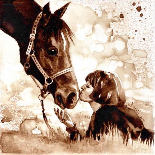 Coffee painting of a girl and her horse by Ilona Zabolotna