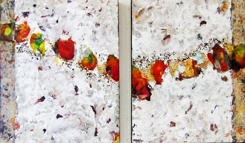 Abstract encaustic and mixed media diptych by Bela Fidel