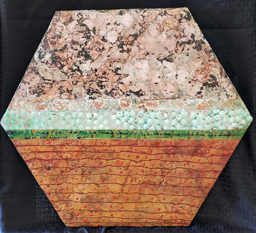 Abstract hexagon-shaped encaustic and acrylic painting by Bela Fidel
