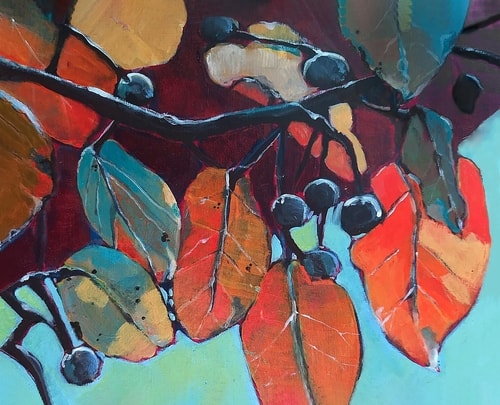 Contemporary abstract painting of aspen leaves and berries by Dorothy Mohler