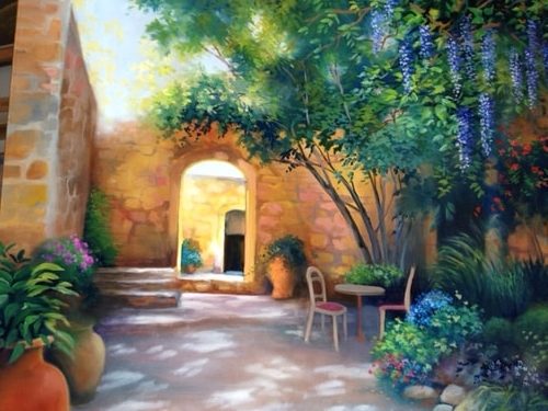 Oil painting of a sunlit patio in Italy by Barbara Davies