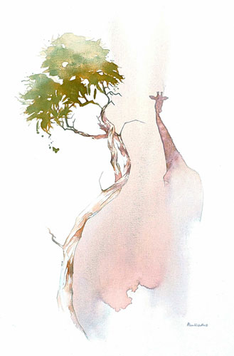 Contemporary painting of giraffe silhouette and twisted shepherd's tree, in watermedia, by Alison Nicholls.