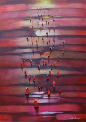 Abstract figurative painting of figures walking on a red background by Leticia Herrera