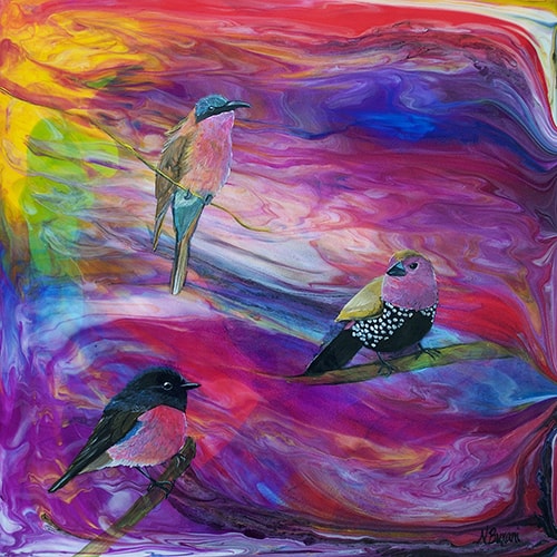 Painting of birds on a colorful abstract background by Neena Buxani