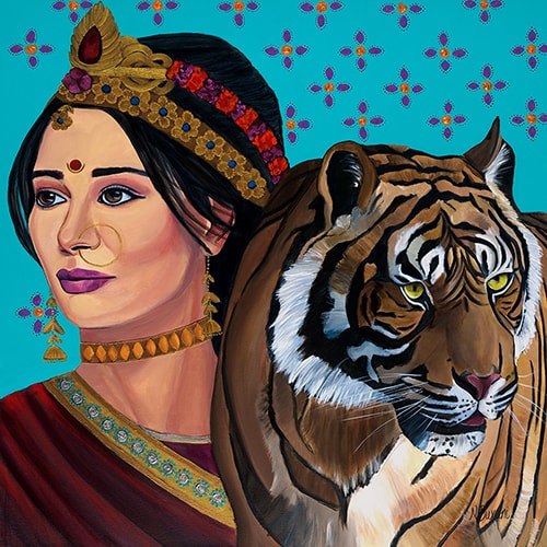 Painting of thegoddess Durga Mata and a tiger by Neena Buxani