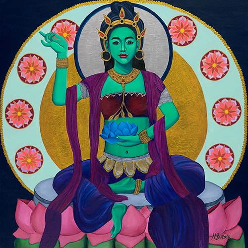 Painting of a green goddess Tara by Neena Buxani