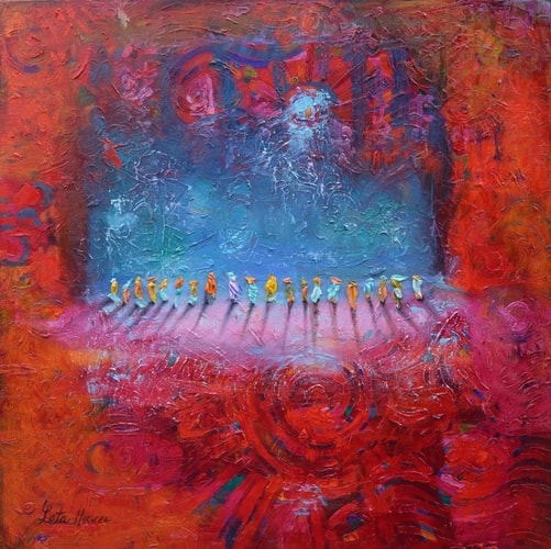 Abstract figurative painting of figures before a blue moon by Leticia Herrera