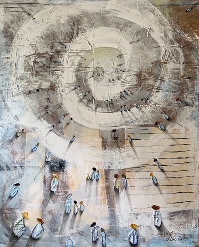 Abstract figurative painting with figures on a spiral path by Leticia Herrera