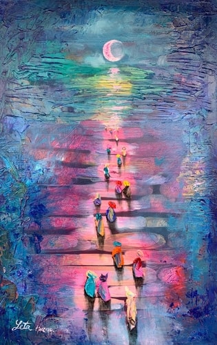 Abstract figurative painting of figures walking on towards a pink moon by Leticia Herrera