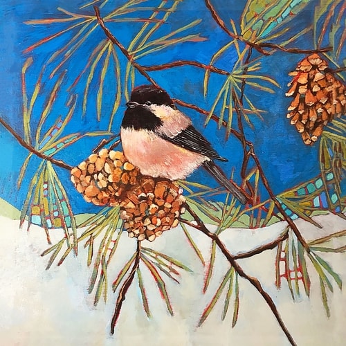 Contemporary abstract painting of a chickadee perched in a pine tree by Dorothy Mohler