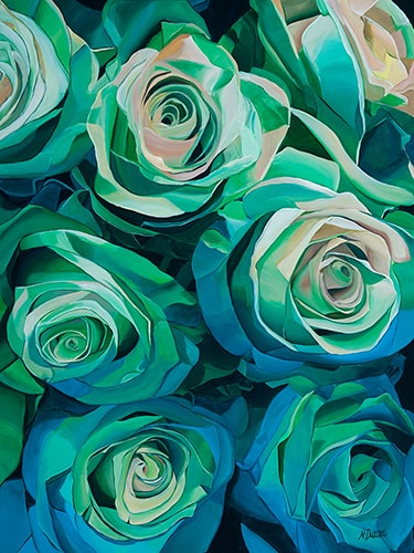 Painting of blue roses by Neena Buxani