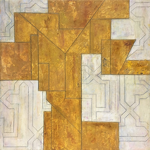 Geometric Abstract Oil, Cold Wax, Gold Leaf and Marble Dust composition by Stephen Cimini