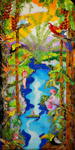 Silk painting of a river and tropical birds in the rainforest by Linnea Pergola