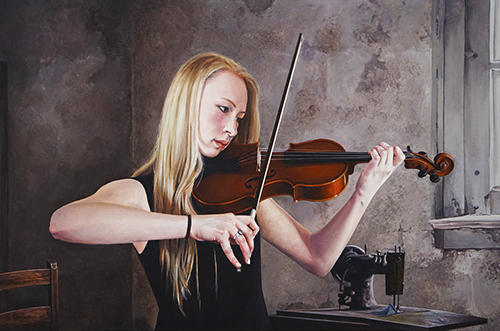 Painted portrait of a teenage girl named Clara playing the violin by Laara Cassells