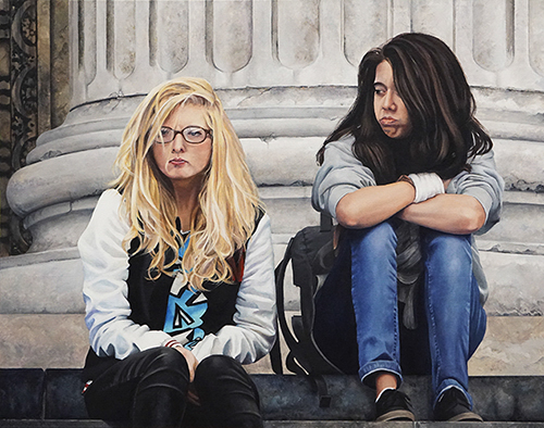 Painting portrait of two teenage sisters by Laara Cassells