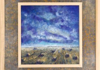 Acrylic landscape with painted frame of a wheat field with hay bales by Valerie Wiebe
