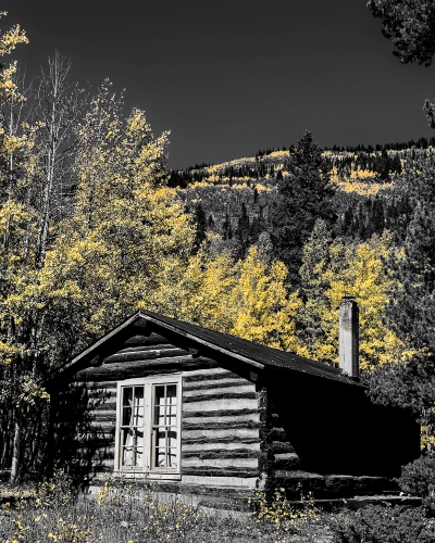 Black & White and color photograph of a cabin at St. Elmo in Colorado by Dave Maes