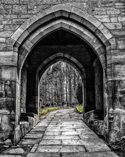 Black & white and color photograph of the Cemetery in Morpeth, England by Dave Maes