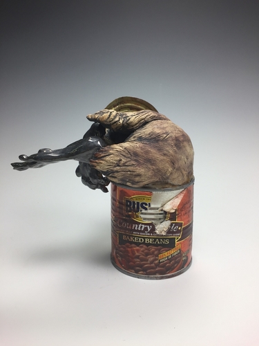 Stoneware and found object sculpture of a groundhog in a can of baked beans by Deana Bada Maloney