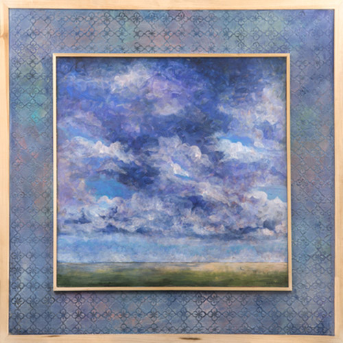 Landscape painting of a cloudy blue sky with a patterned painted frame by Valerie Wiebe