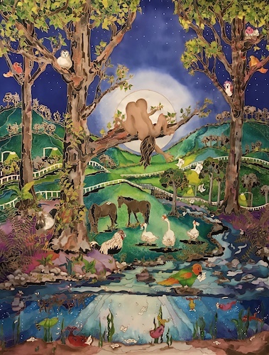 Silk painting featuring a figure in a tree and animals by Linnea Pergola
