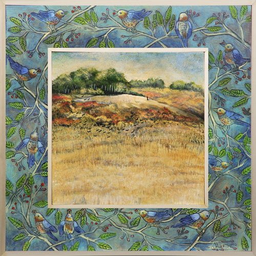 Landscape painting of a field with birds with a Patterned painted frame by Valerie Wiebe