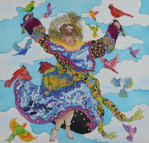 Silk painting of woman surrounded by birds dancing in the sky by Linnea Pergola