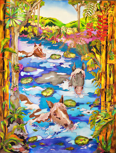 Silk painting of horses swimming in the river by Linnea Pergola
