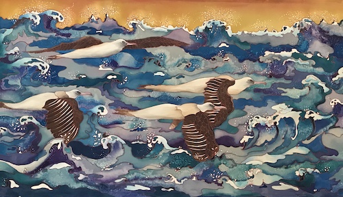 Silk painting of albatrosses over the ocean by Linnea Pergola