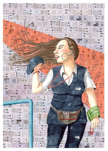 Watercolor collage of a female ticket collector by Marcus Goldson