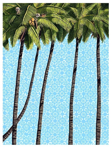 Watercolor and lino print of two Vervets in palm trees in Tiwi by Marcus Goldson