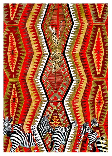 Watercolor of zebras against a kilim pattern by Marcus Goldson