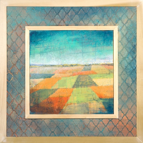 Landscape painting of a flat farm field with different colored crops with a patterned painted frame by Valerie Wiebe
