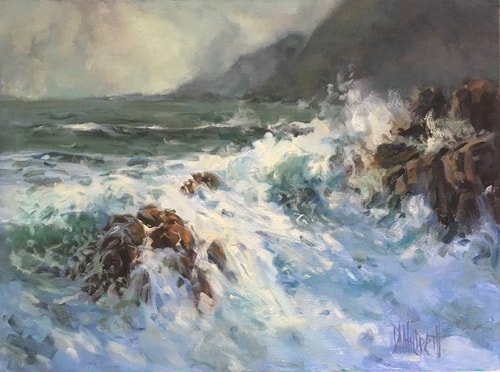 Impressionistic Painting of waves crashing on rocks by Donald Hildreth