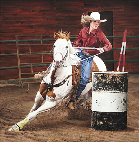 Painted portrait of a teenage girl barrel racing by Laara Cassells