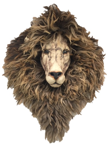 Stoneware and mixed media sculpture of a lion's head by Deana Bada Maloney