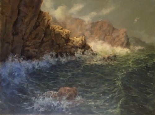 Impressionistic seascape painting of the ocean along a shore with rock cliffs by Donald Hildreth