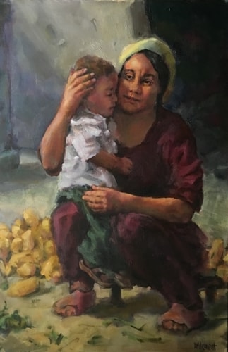 Impressionistic painting of a mother and child by Donald Hildreth