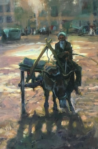 Impressionistic painting of a man driving his donkey cart home by Donald Hildreth