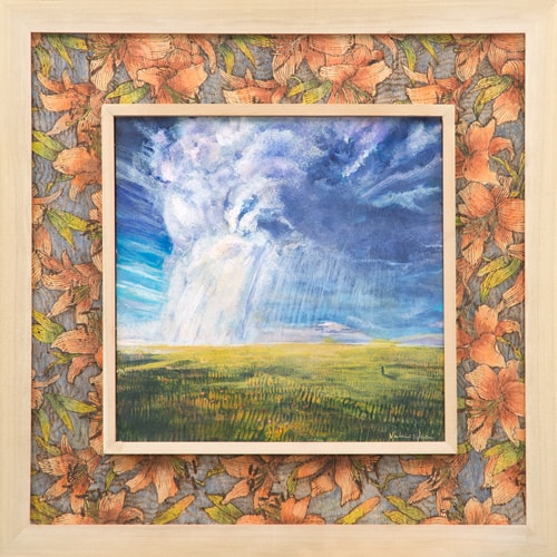 Landscape painting of a cloudburst over the prairie with a patterned painted frame by Valerie Wiebe