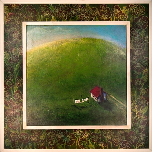 Landscape painting of a house at the bottom of a green hil with a patterned painted frame by Valerie Wiebe