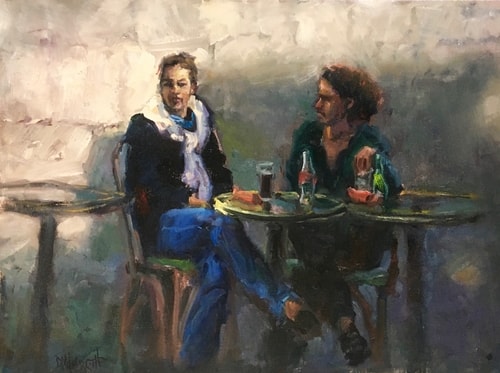 Impressionistic painting of two women at a cafe in Paris by Donald Hildreth