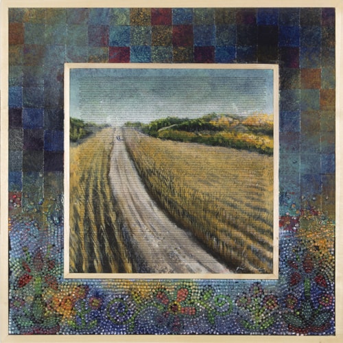 Landscape painting of a road through a farm field with a patterned painted frame by Valerie Wiebe
