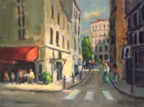 Impressionistic cityscape painting of a street scene in Paris by Donald HIldreth