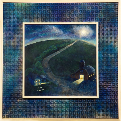 landscape painting of a farm on a hill at night with a patterned painted frame by Valerie Wiebe