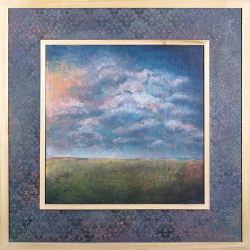 Landscape painting of a pink tinged sky over flat land with a patterned painted frame by Valerie Wiebe