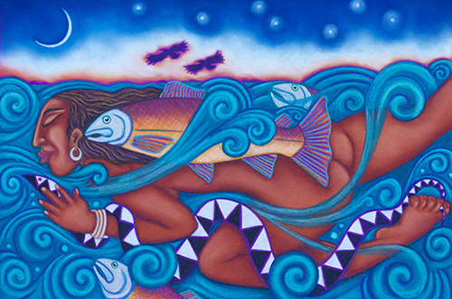 Symbolic soft pastel of a woman and a snake swimming under the night sky by Julie Higgins