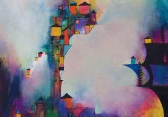 Abstract painting of houses on a hill by Laurie DeVault